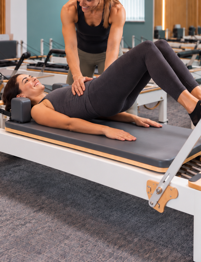 An instructor correcting a client's form during a reformer bridge exercise