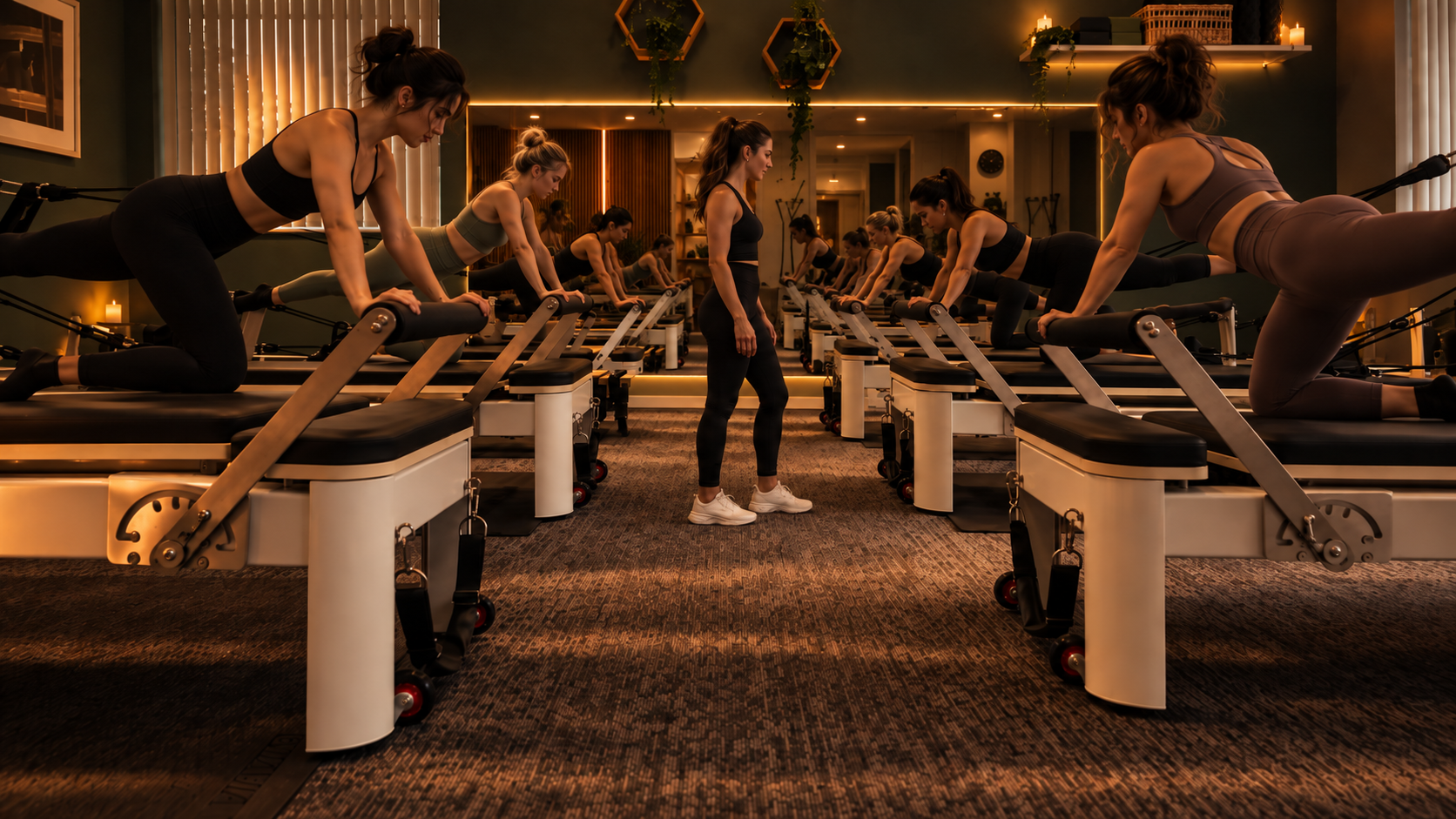 Members mid-movement during a reformer class at Core Reformer